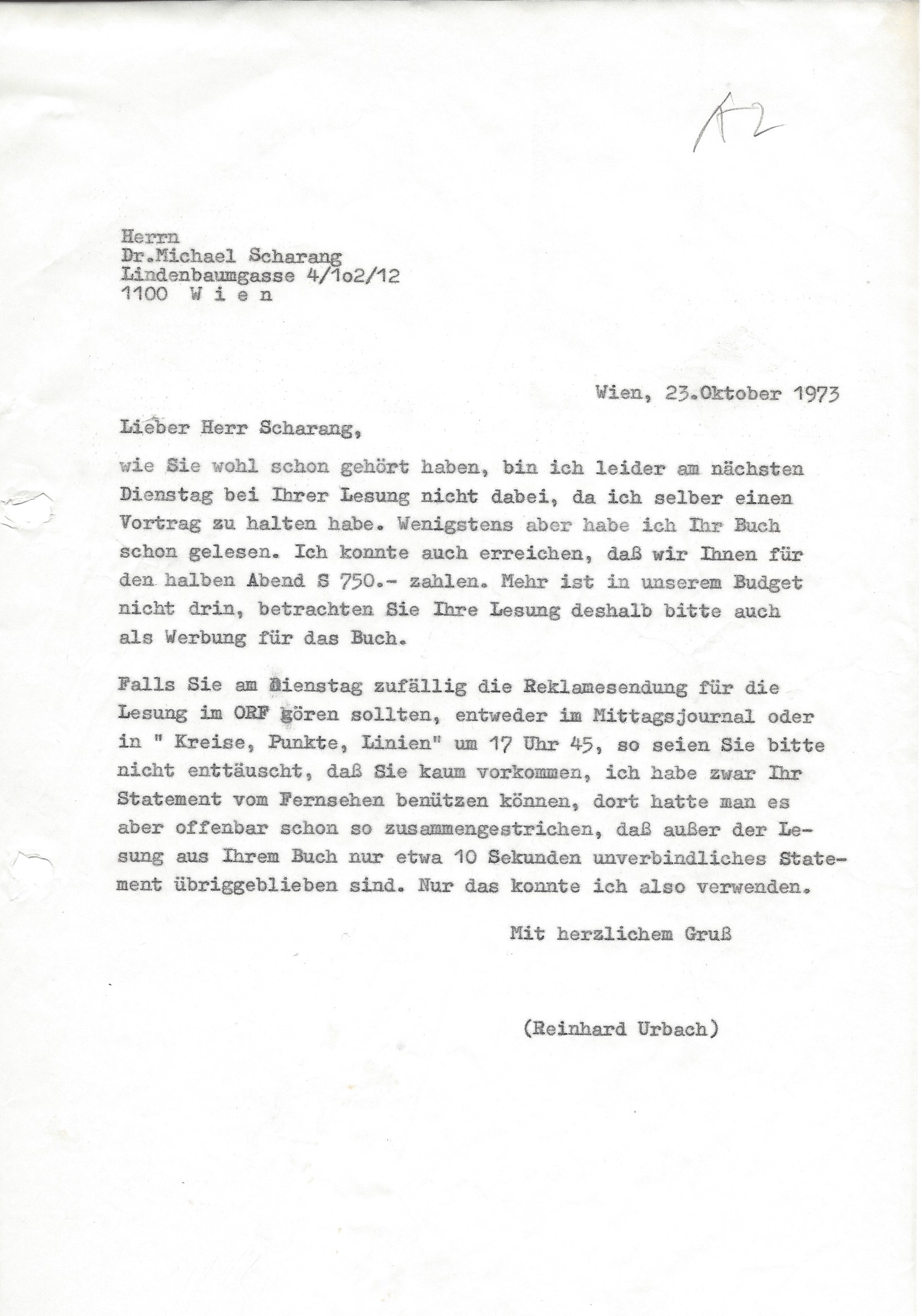Reinhard Urbach an Michael Scharang, ÖGfL-Archiv